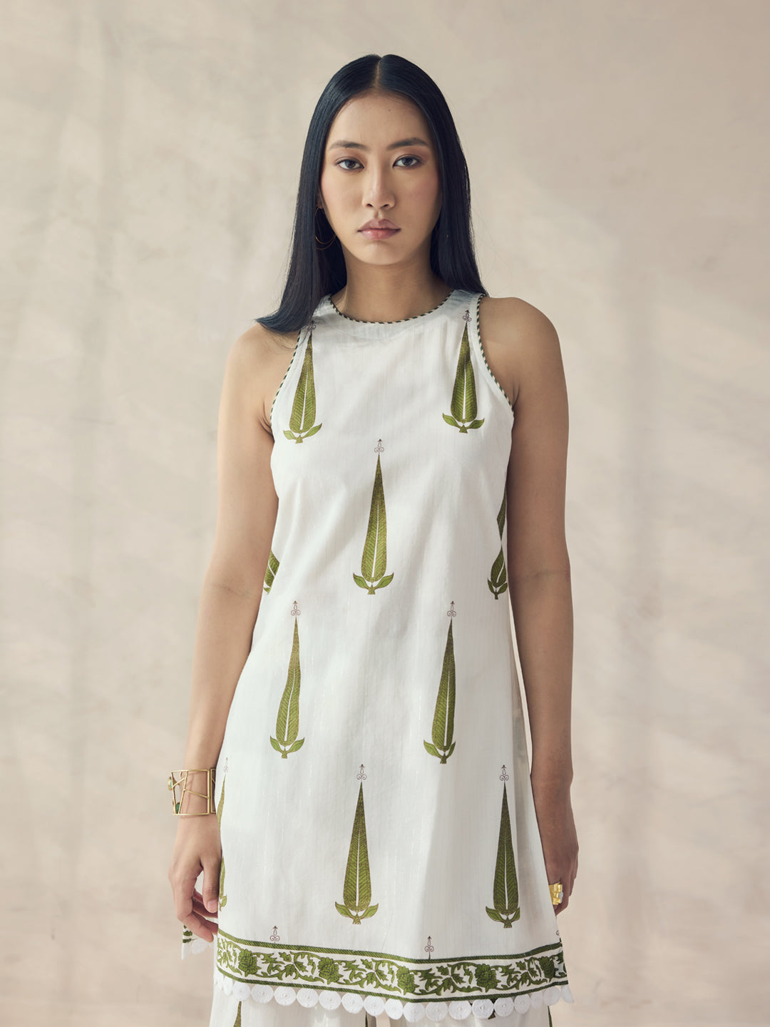 FIORRA Women's Off-White Printed Cotton Sleeveless Kurta Set