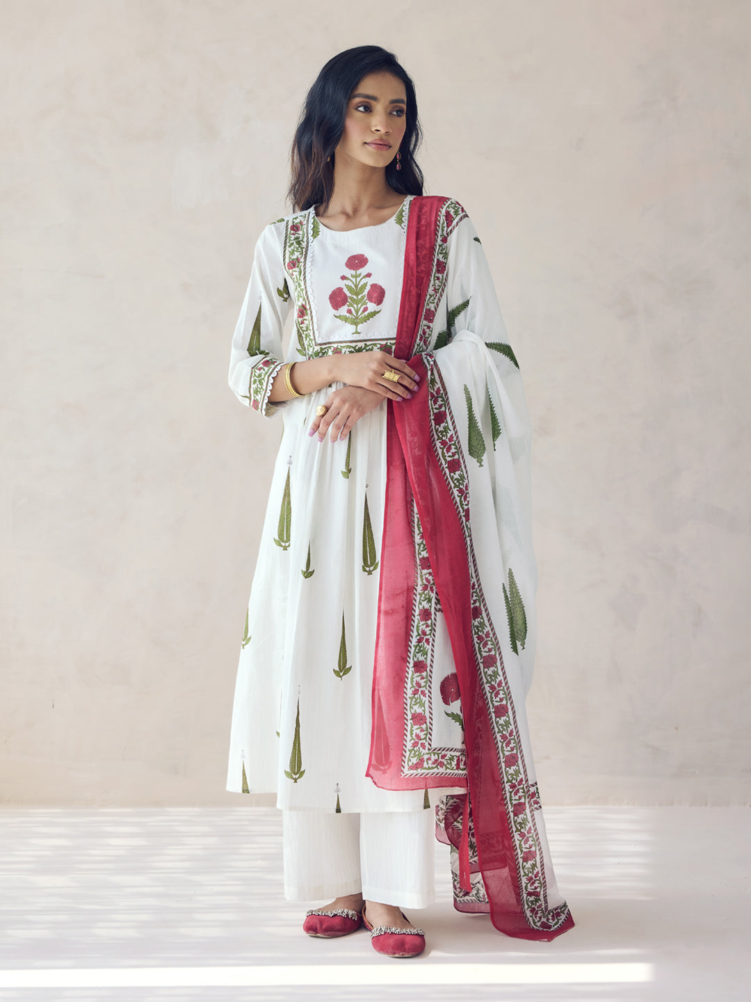 FIORRA Women's Off-White Printed Anarkali Kurta Set with Dupatta