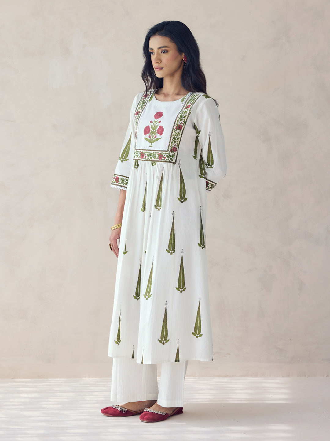 FIORRA Women's Off-White Printed Anarkali Kurta Set with Dupatta