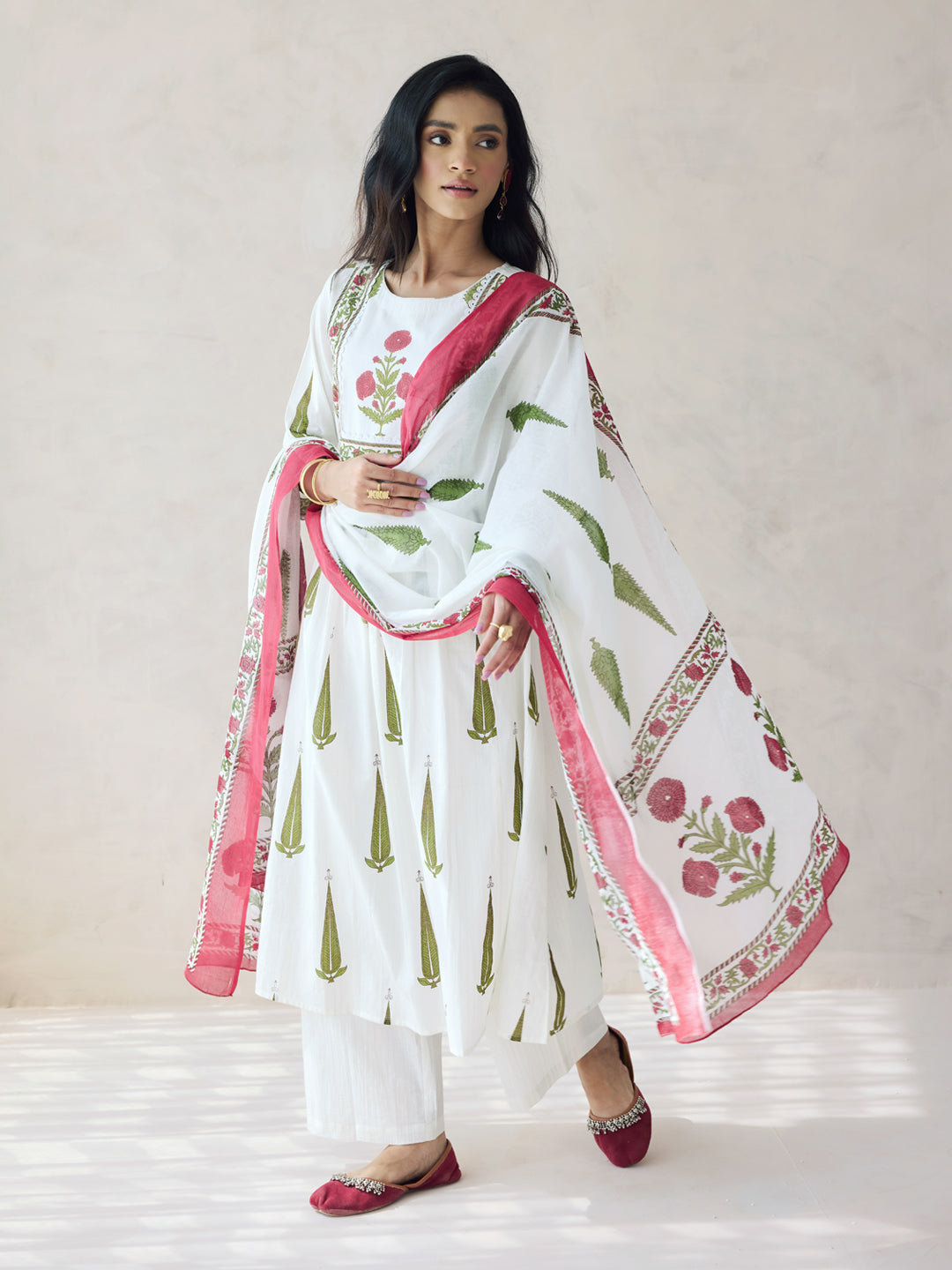 FIORRA Women's Off-White Printed Anarkali Kurta Set with Dupatta