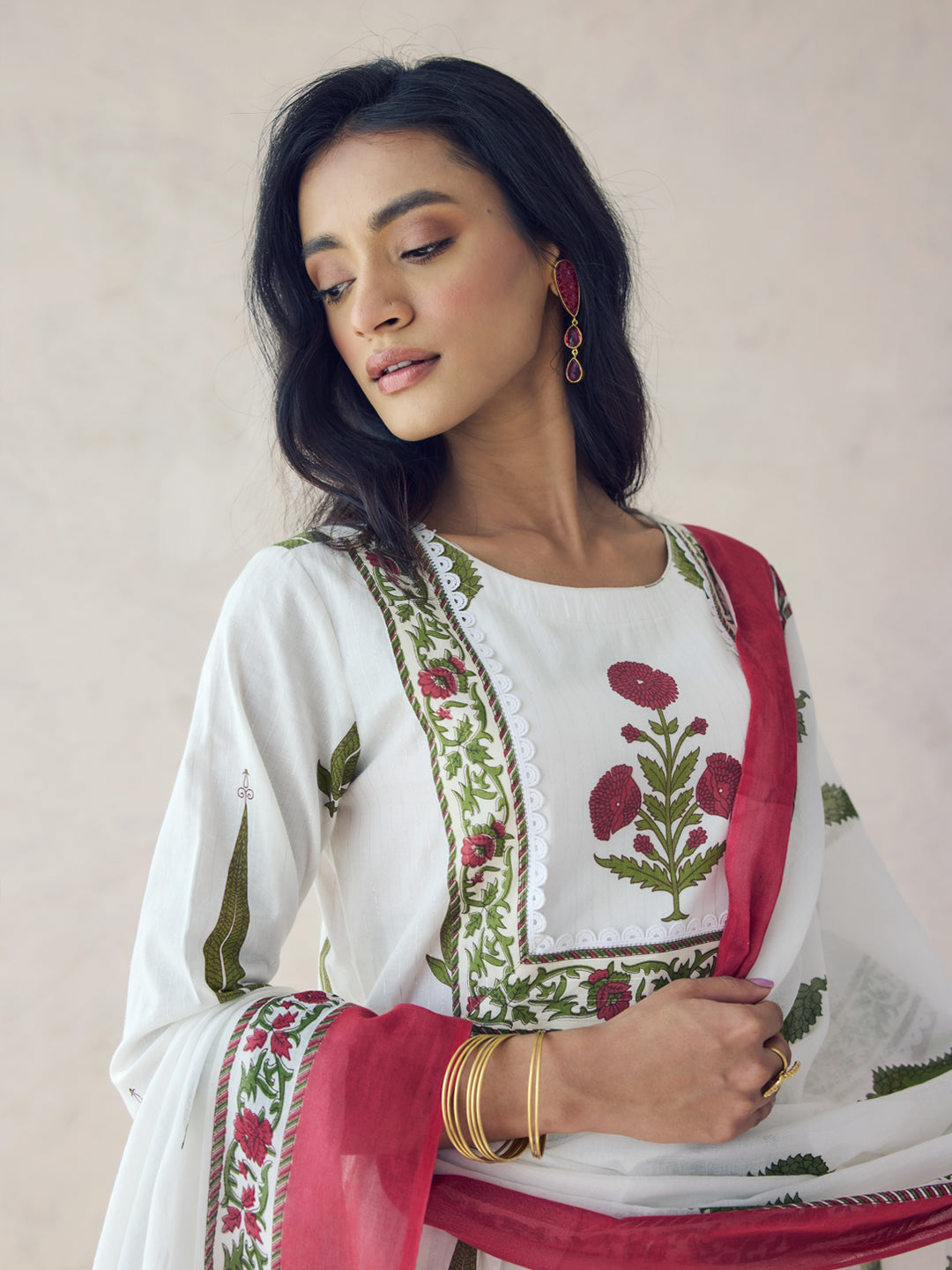 FIORRA Women's Off-White Printed Anarkali Kurta Set with Dupatta