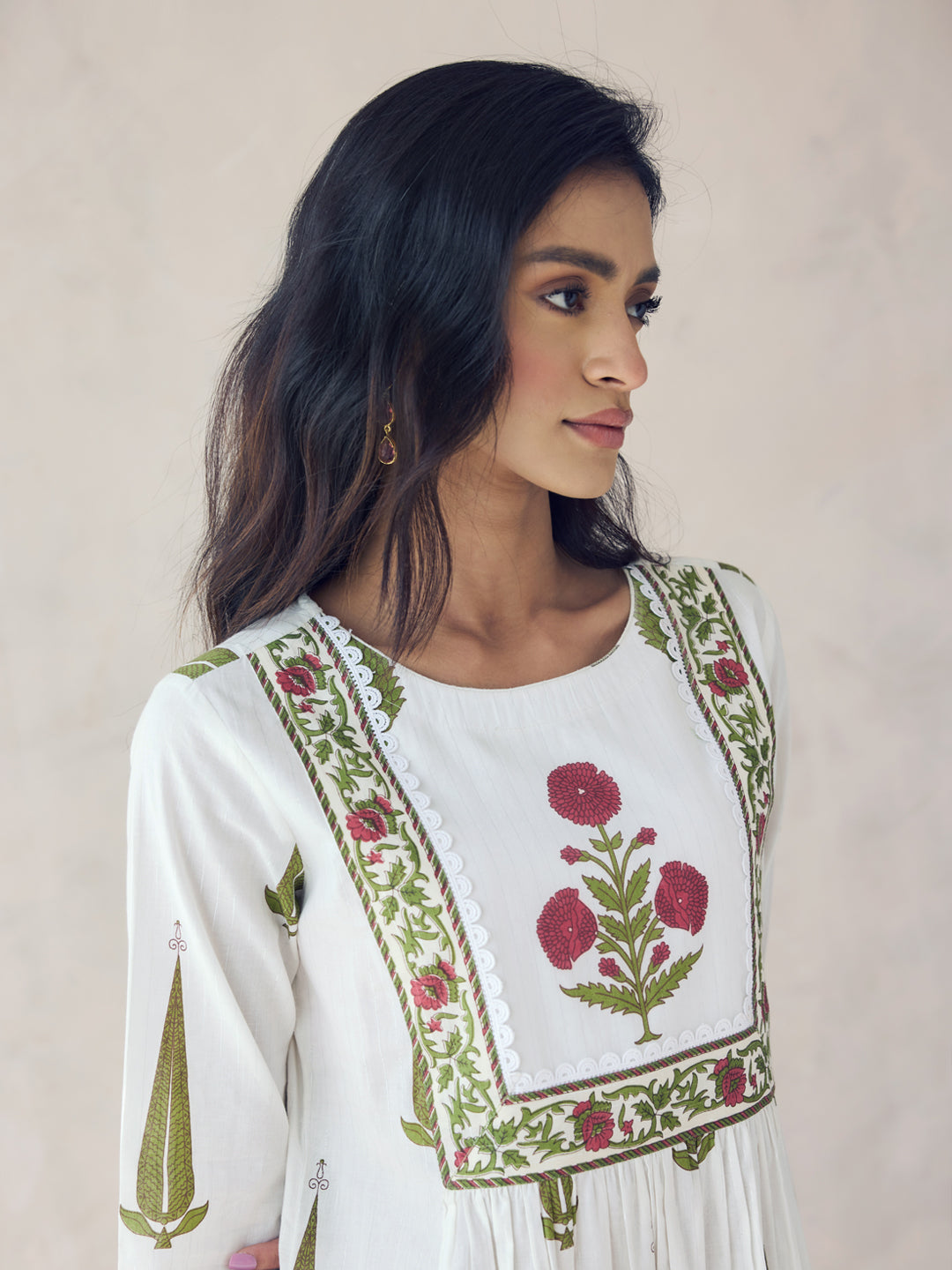 FIORRA Women's Off-White Printed Anarkali Kurta Set with Dupatta