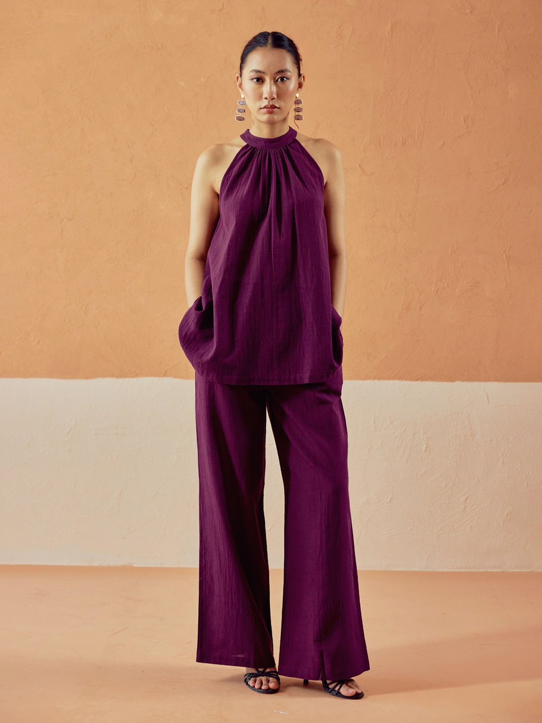 FIORRA Women’s Wine Linen Blend Halter Neck Relaxed Fit Co-Ord Set