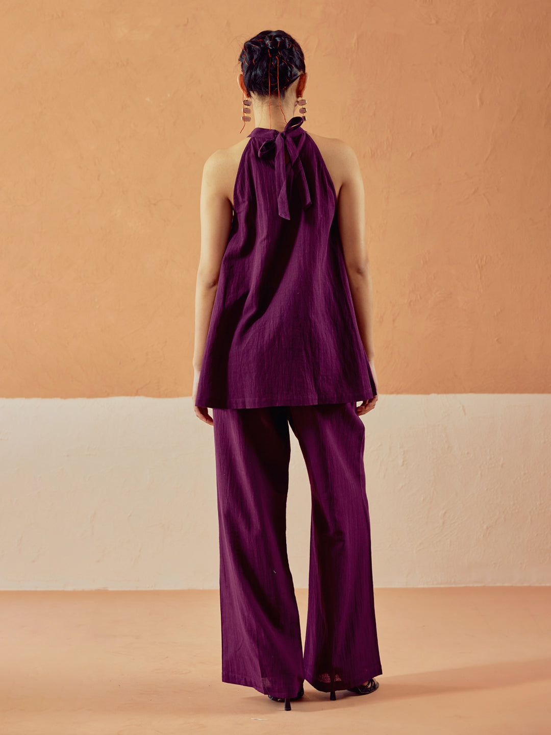 FIORRA Women’s Wine Linen Blend Halter Neck Relaxed Fit Co-Ord Set