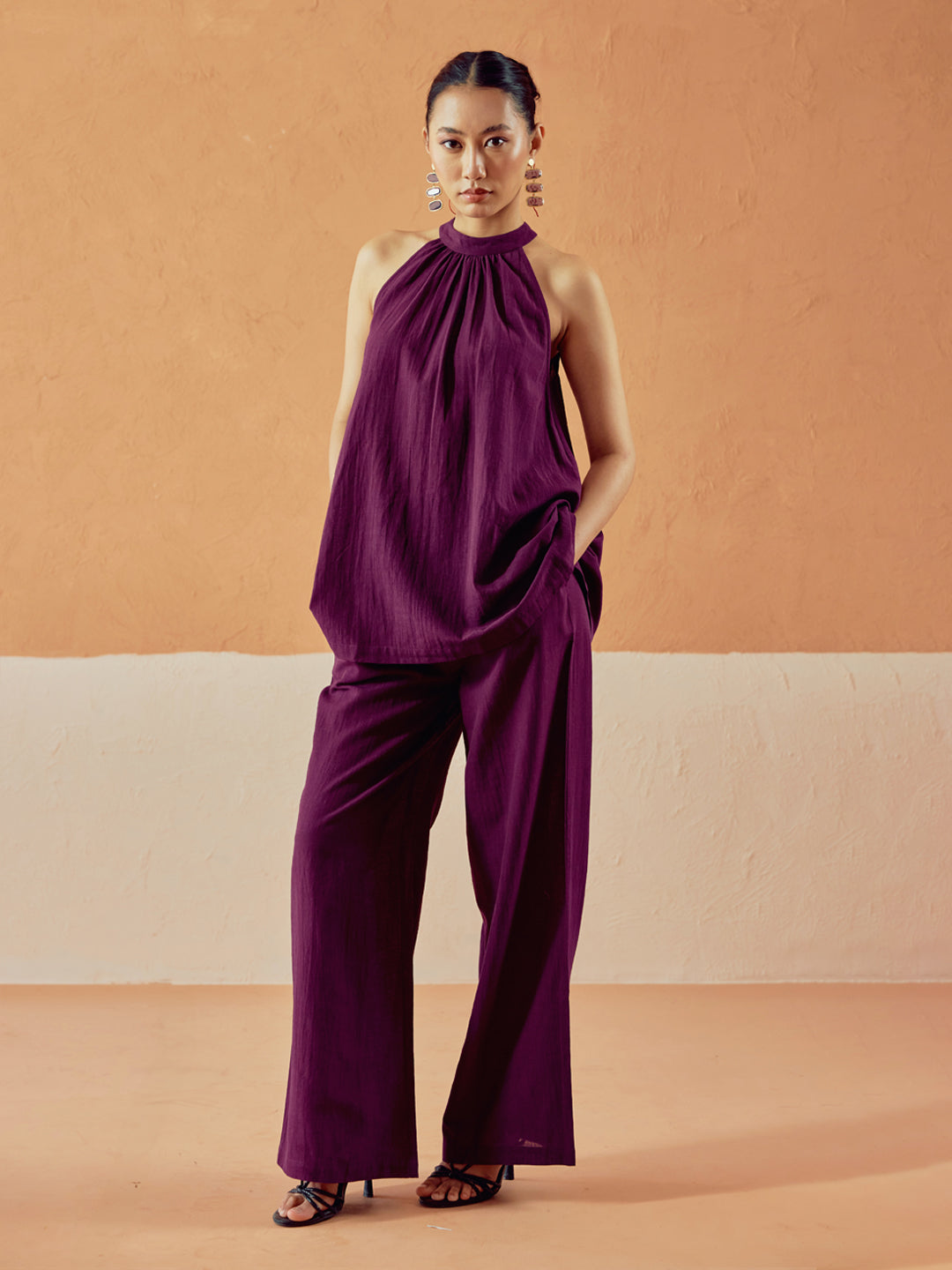 FIORRA Women’s Wine Linen Blend Halter Neck Relaxed Fit Co-Ord Set