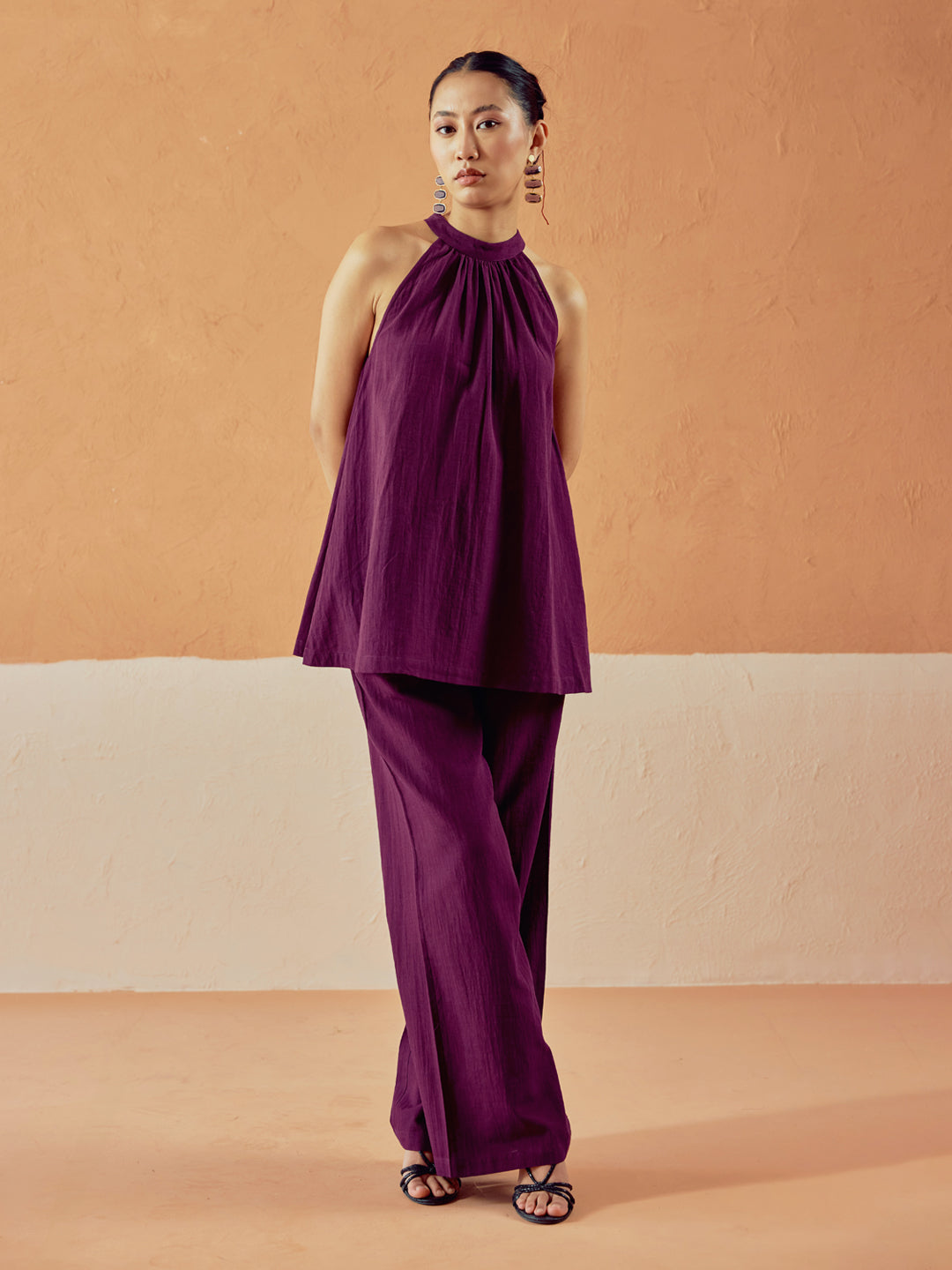 FIORRA Women’s Wine Linen Blend Halter Neck Relaxed Fit Co-Ord Set
