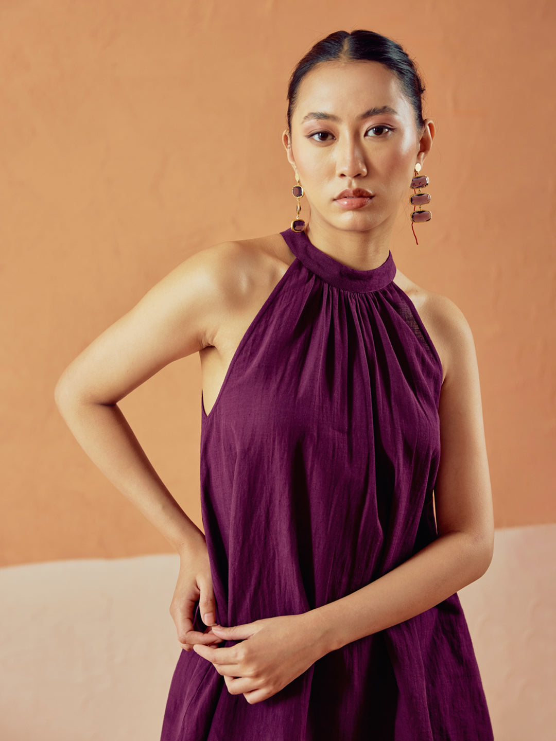 FIORRA Women’s Wine Linen Blend Halter Neck Relaxed Fit Co-Ord Set