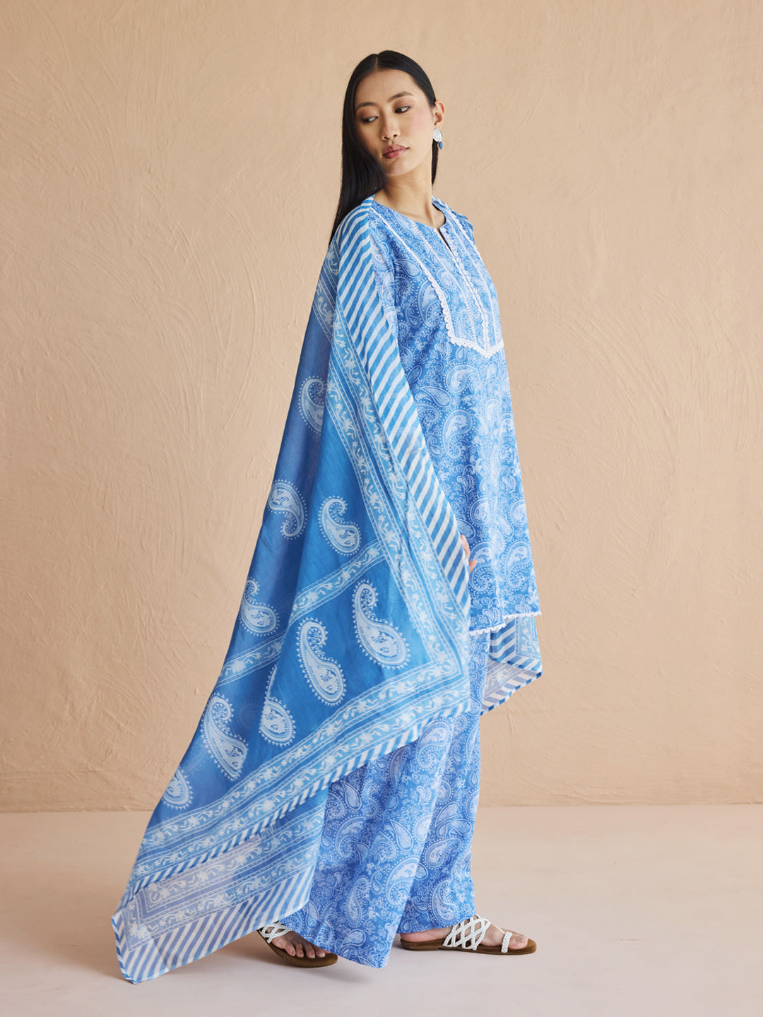 FIORRA Women's Blue Paisley Printed Cotton Kurta Set with Dupatta