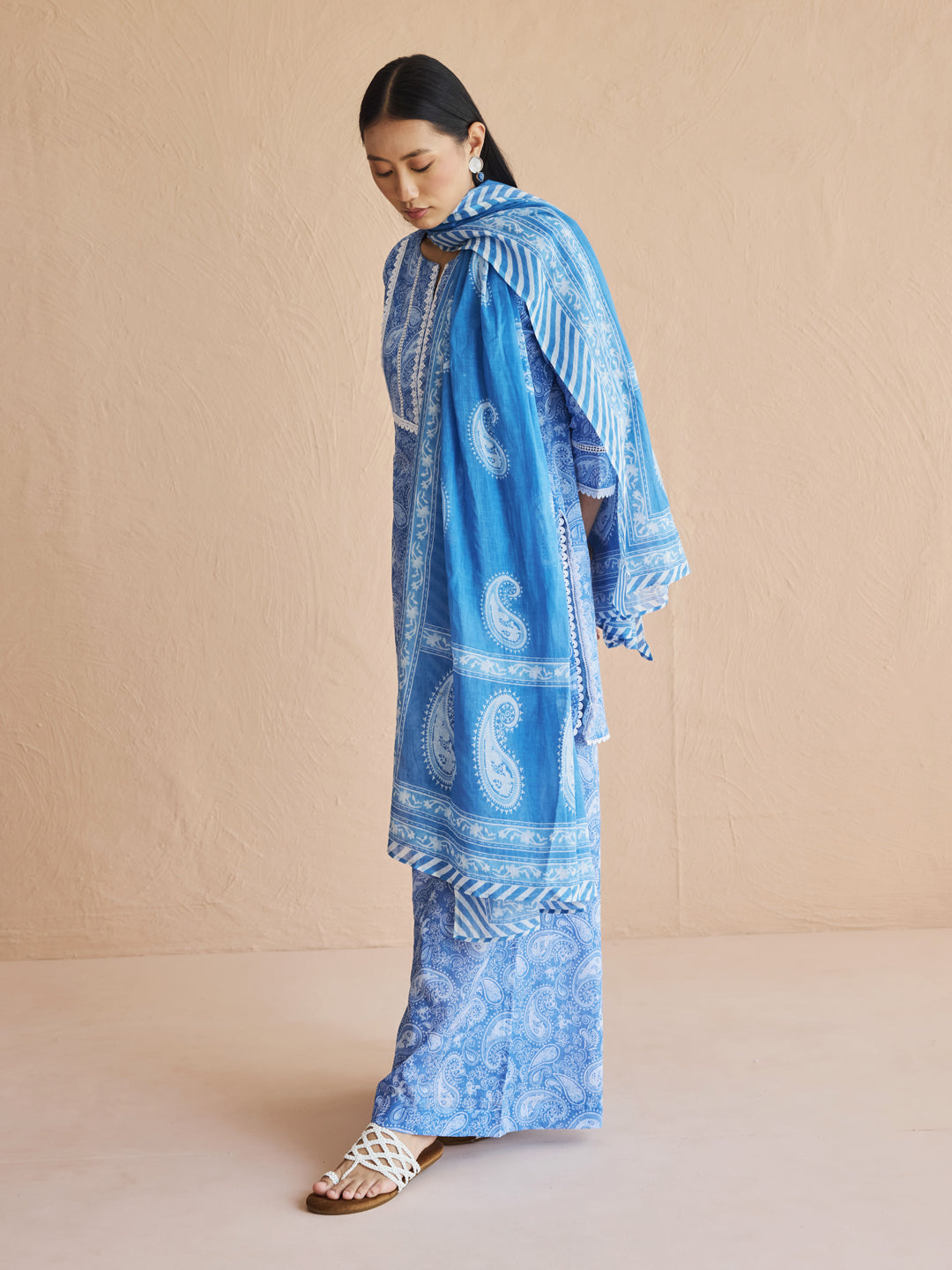 FIORRA Women's Blue Paisley Printed Cotton Kurta Set with Dupatta