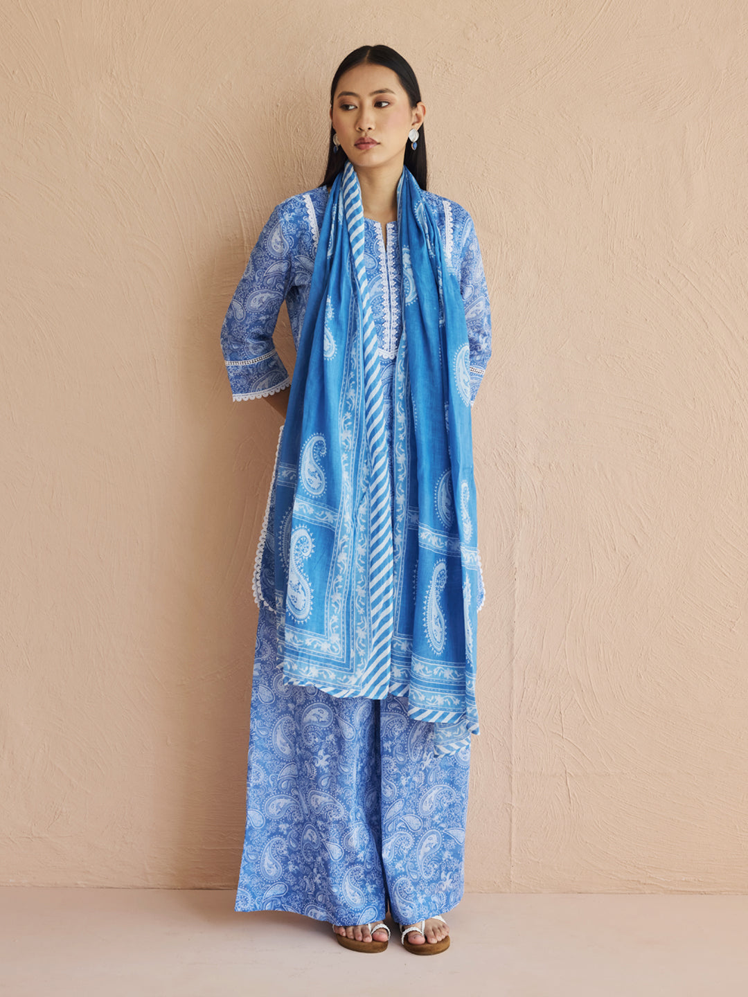 FIORRA Women's Blue Paisley Printed Cotton Kurta Set with Dupatta
