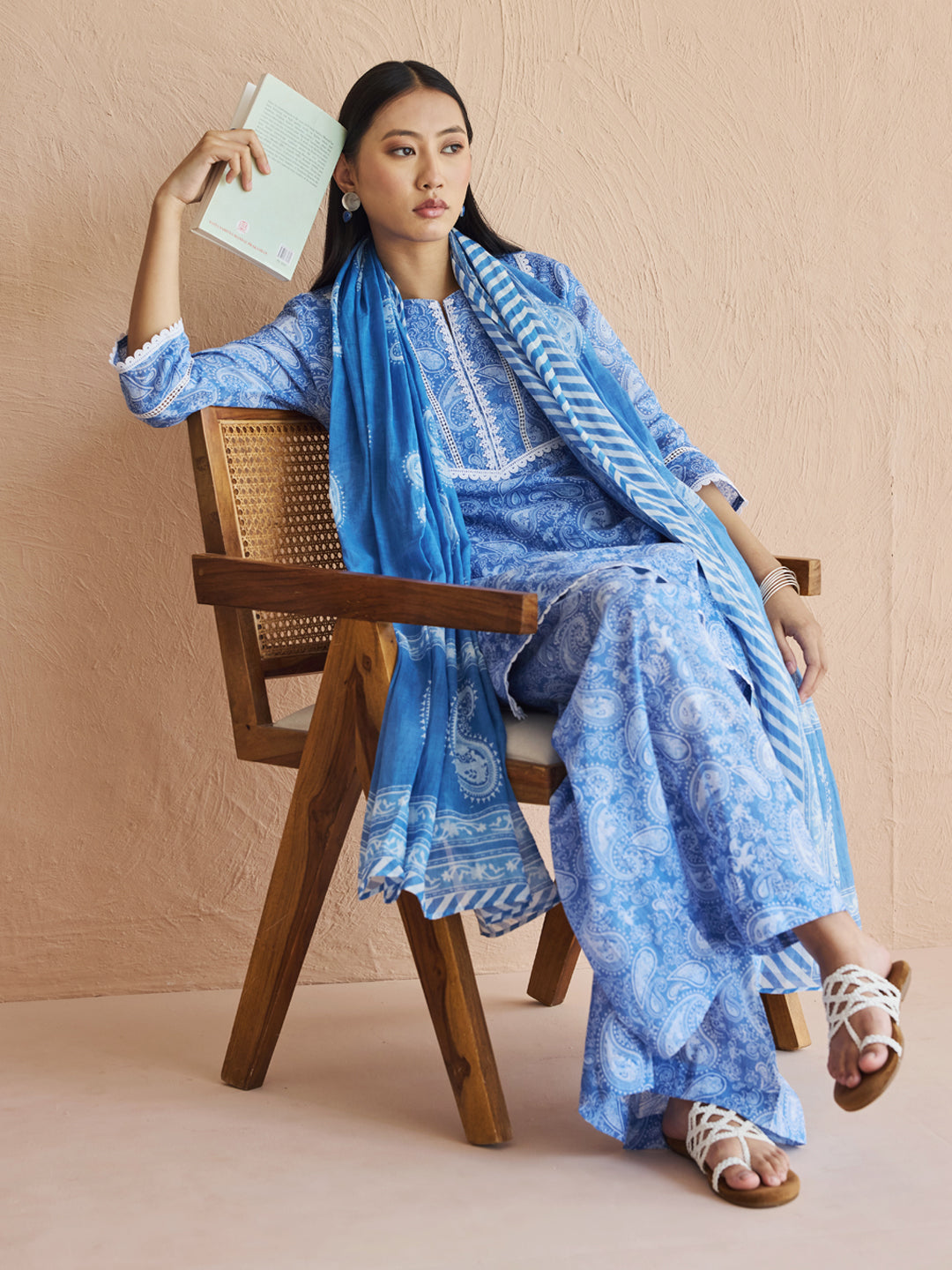 FIORRA Women's Blue Paisley Printed Cotton Kurta Set with Dupatta