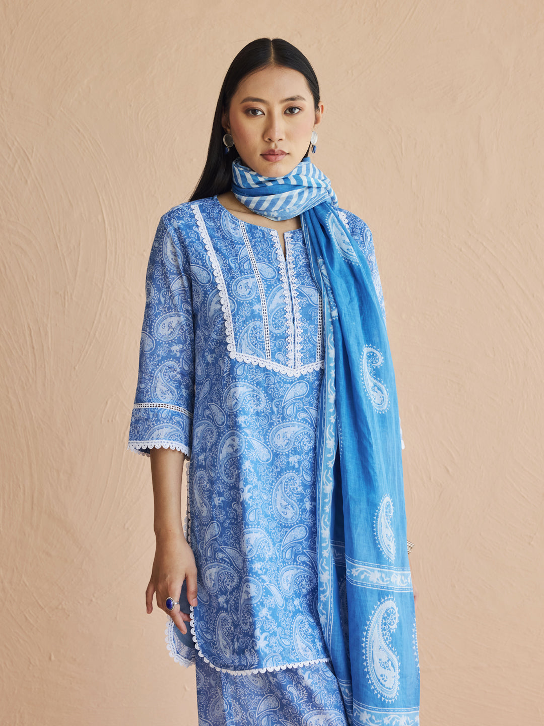 FIORRA Women's Blue Paisley Printed Cotton Kurta Set with Dupatta