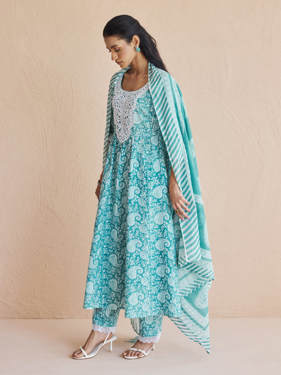 FIORRA Women's Firozi Printed Cotton Anarkali Kurta Set with Dupatta