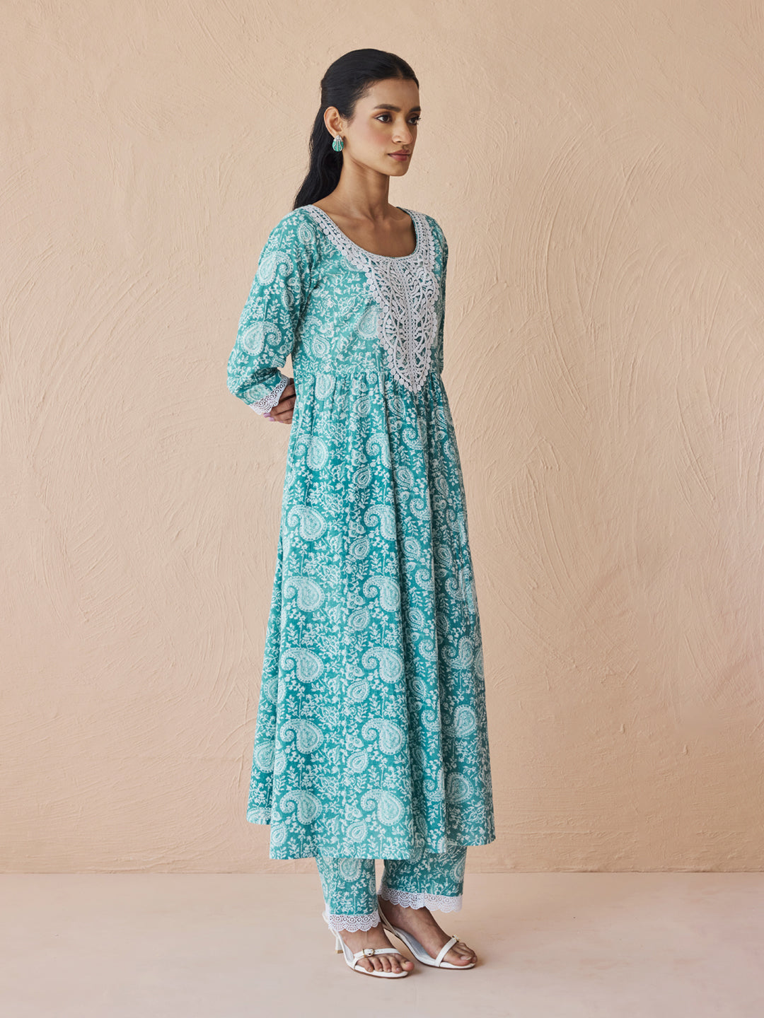 FIORRA Women's Firozi Printed Cotton Anarkali Kurta Set with Dupatta