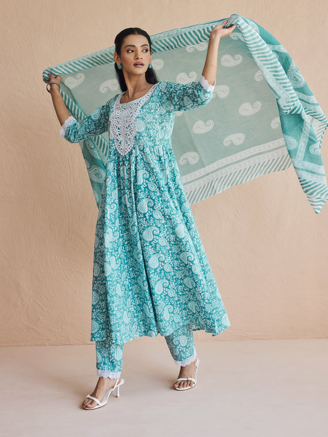 FIORRA Women's Firozi Printed Cotton Anarkali Kurta Set with Dupatta