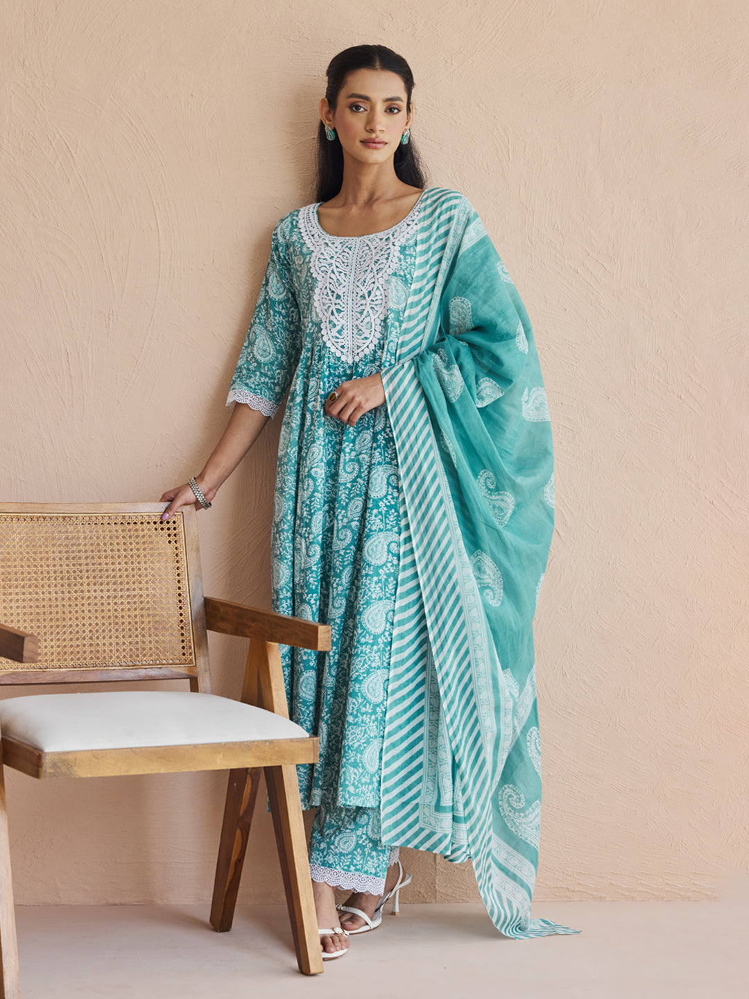 FIORRA Women's Firozi Printed Cotton Anarkali Kurta Set with Dupatta