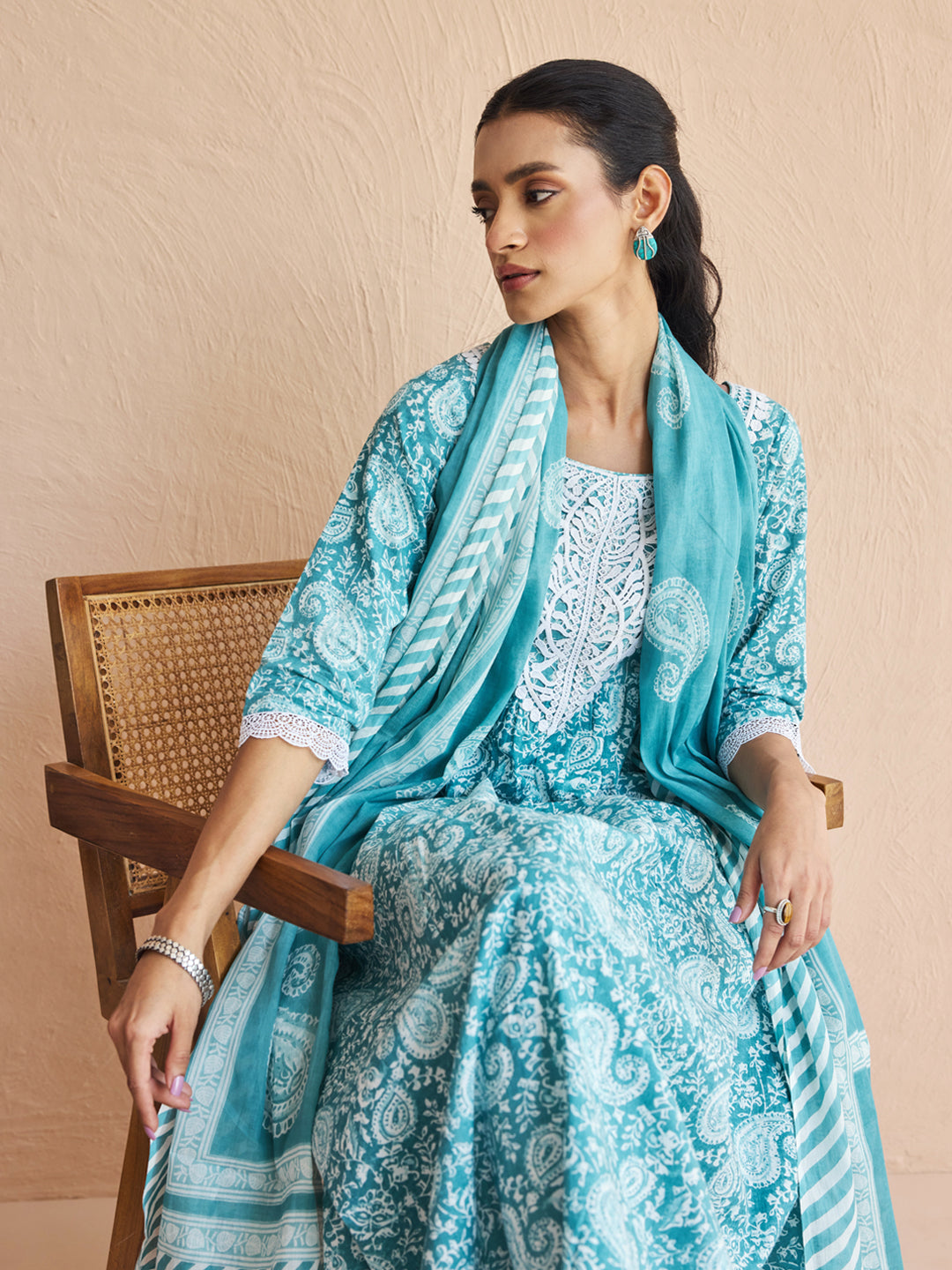 FIORRA Women's Firozi Printed Cotton Anarkali Kurta Set with Dupatta