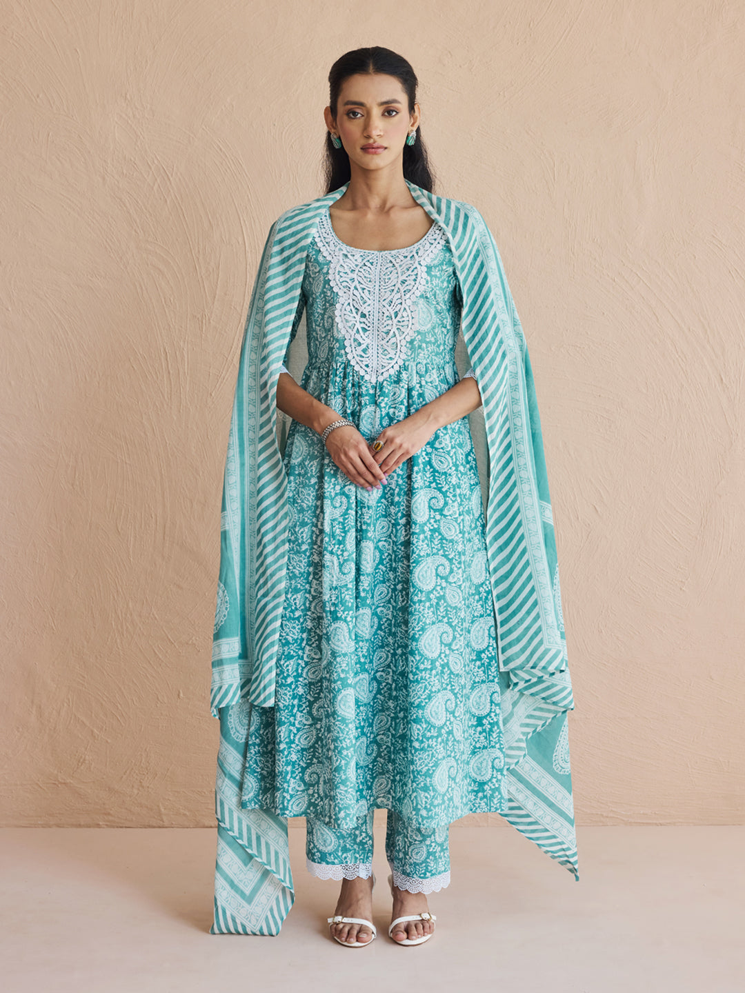 FIORRA Women's Firozi Printed Cotton Anarkali Kurta Set with Dupatta