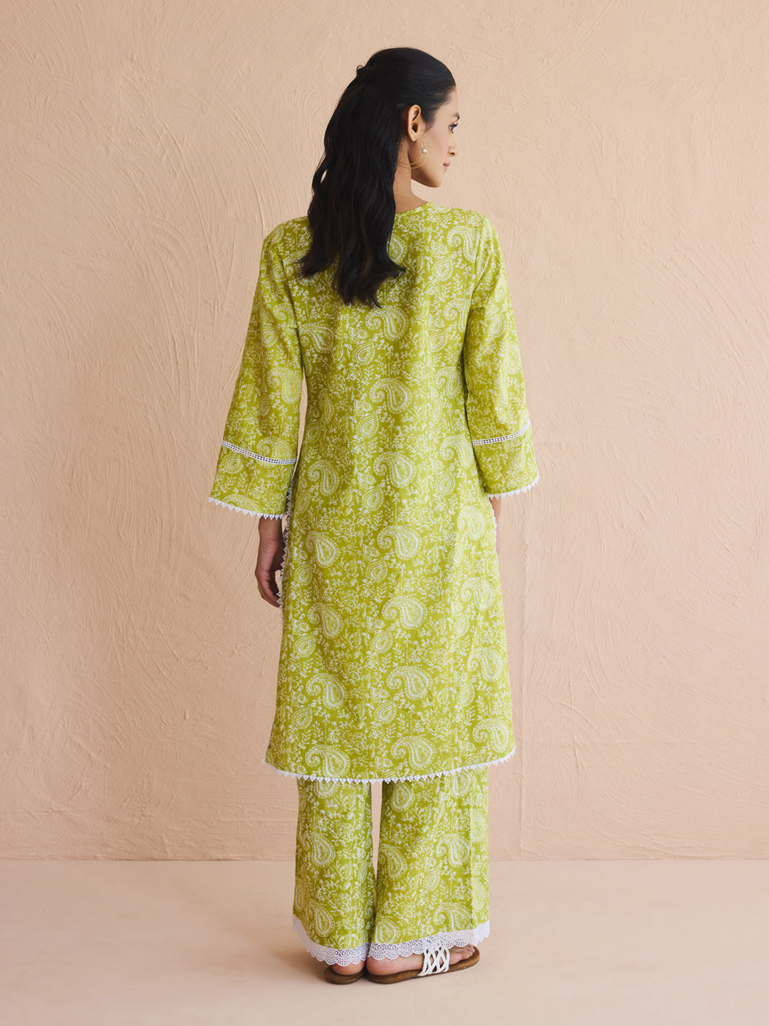 FIORRA Women's Lime Green Paisley Printed Cotton Straight Kurta Set
