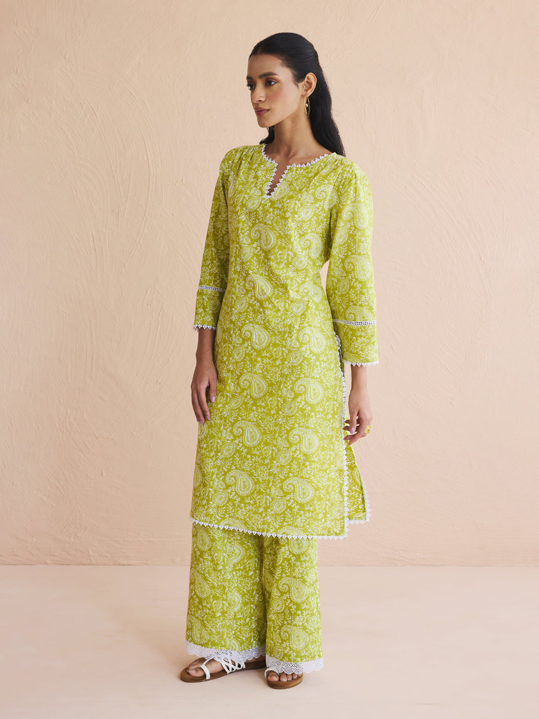 FIORRA Women's Lime Green Paisley Printed Cotton Straight Kurta Set