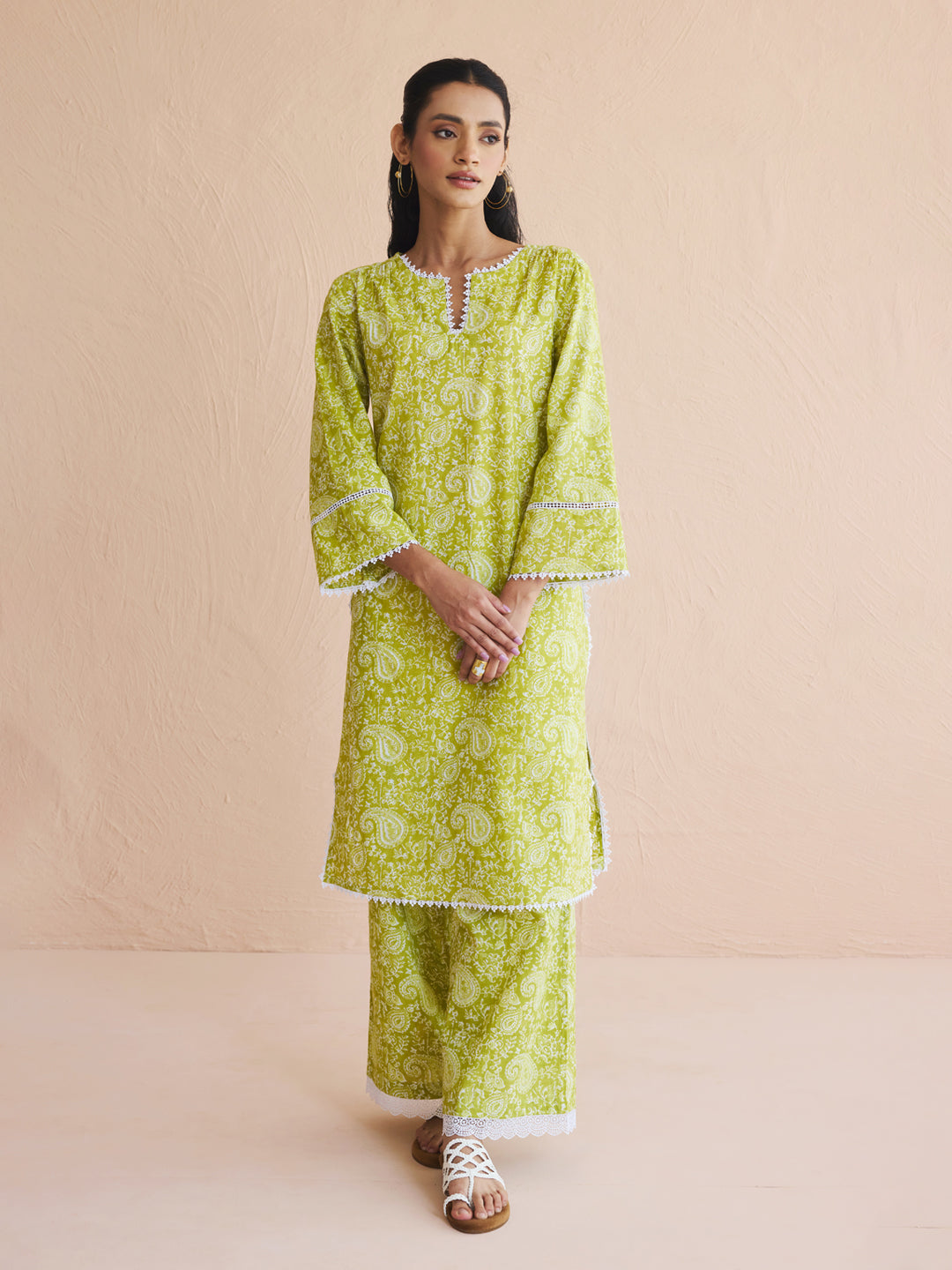 FIORRA Women's Lime Green Paisley Printed Cotton Straight Kurta Set