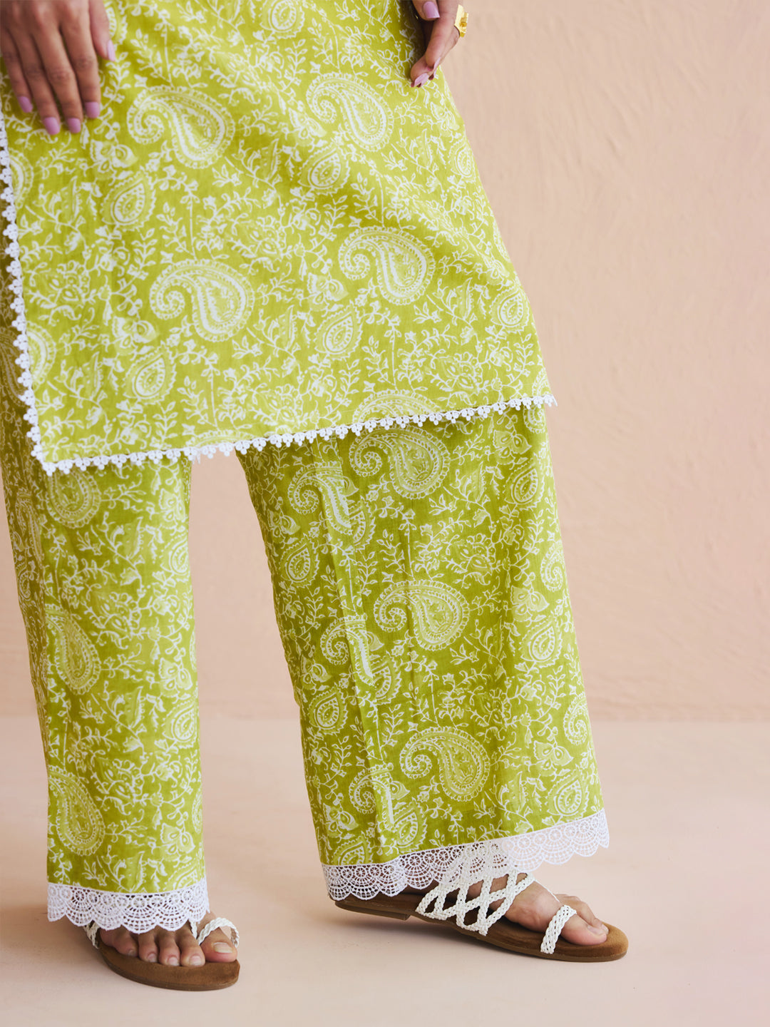 FIORRA Women's Lime Green Paisley Printed Cotton Straight Kurta Set