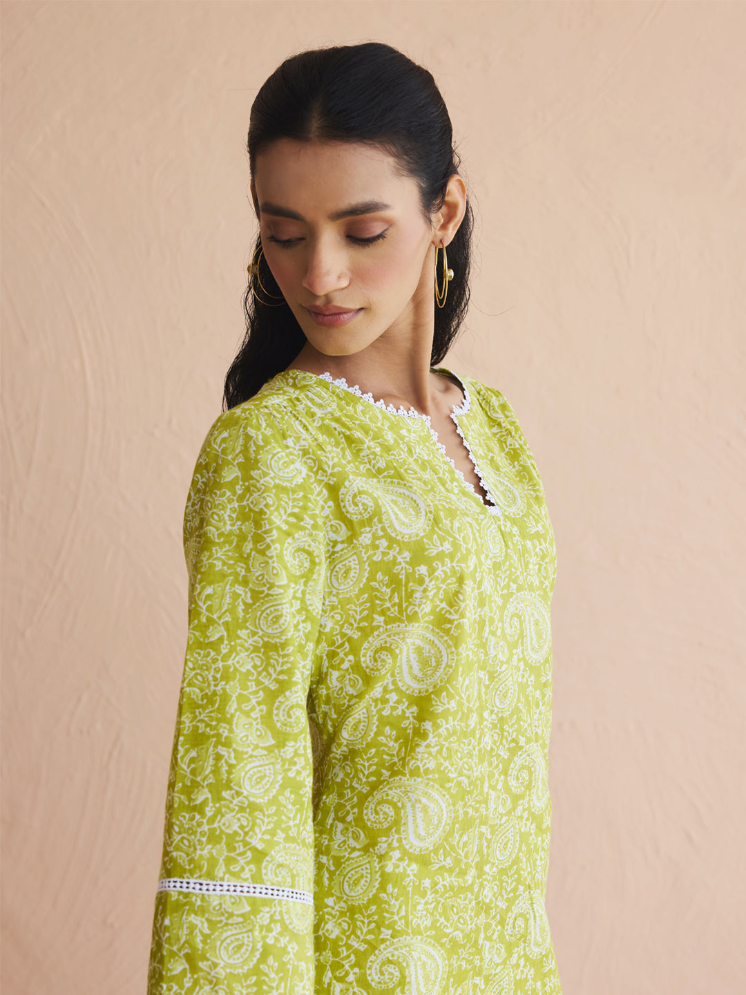 FIORRA Women's Lime Green Paisley Printed Cotton Straight Kurta Set