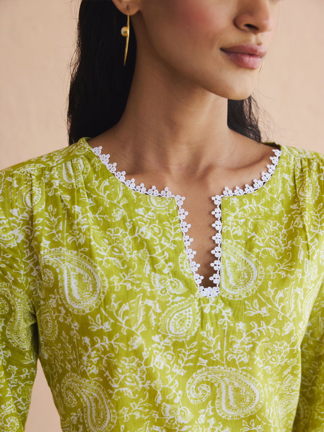 FIORRA Women's Lime Green Paisley Printed Cotton Straight Kurta Set