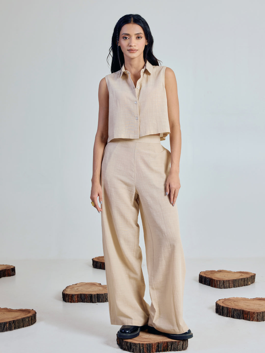 FIORRA Women’s Beige Linen-Blend Loose Relaxed Fit Co-Ord Set