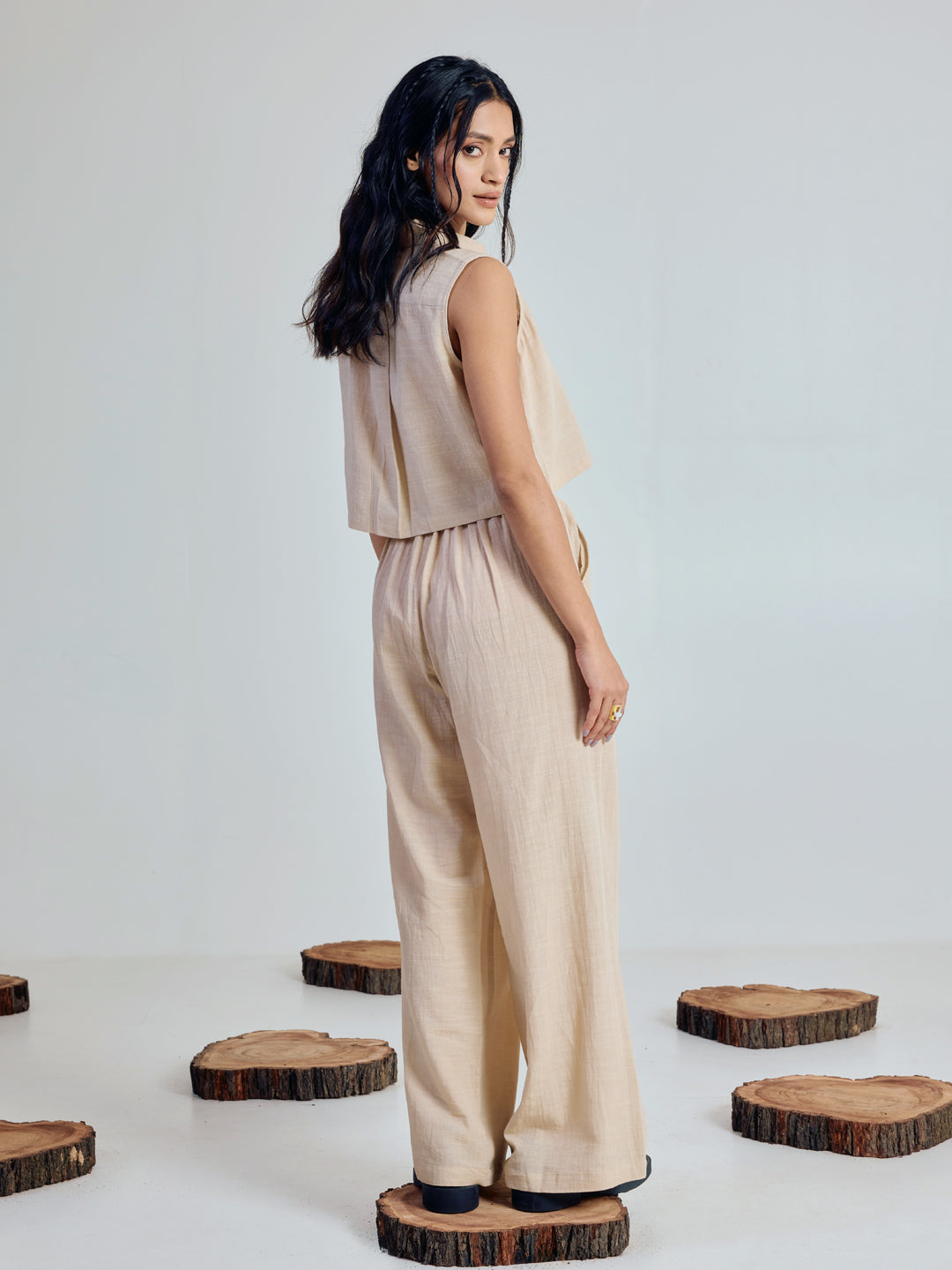 FIORRA Women’s Beige Linen-Blend Loose Relaxed Fit Co-Ord Set