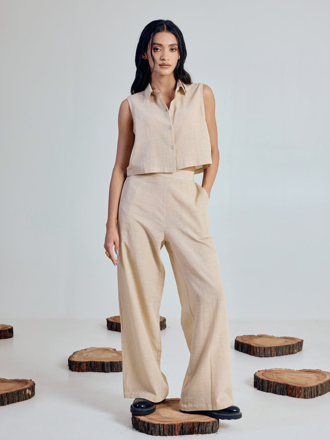 FIORRA Women’s Beige Linen-Blend Loose Relaxed Fit Co-Ord Set