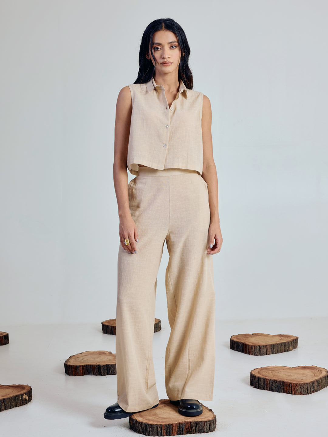 FIORRA Women’s Beige Linen-Blend Loose Relaxed Fit Co-Ord Set