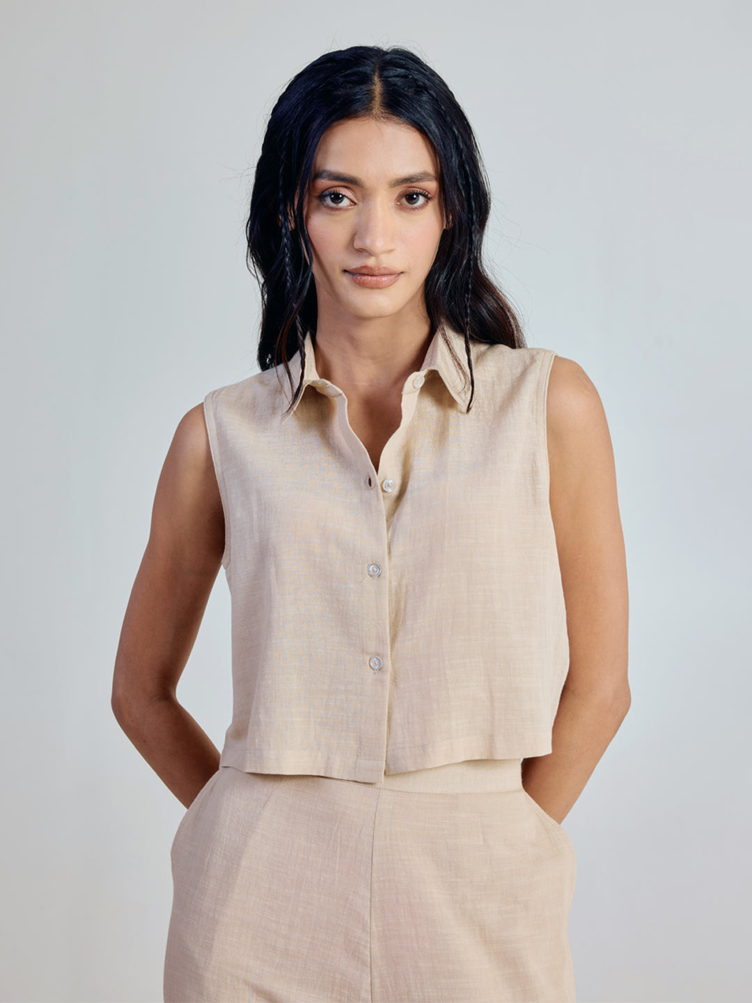 FIORRA Women’s Beige Linen-Blend Loose Relaxed Fit Co-Ord Set