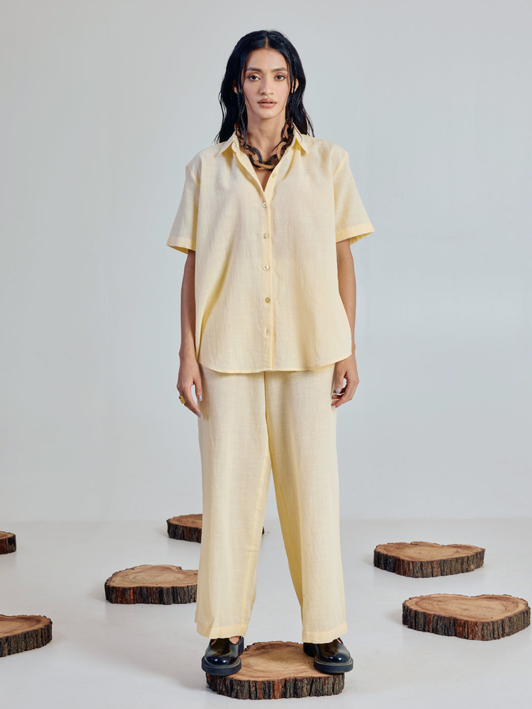 FIORRA Women’s Light Yellow Linen-Blend Loose Relaxed Fit Co-Ord Set