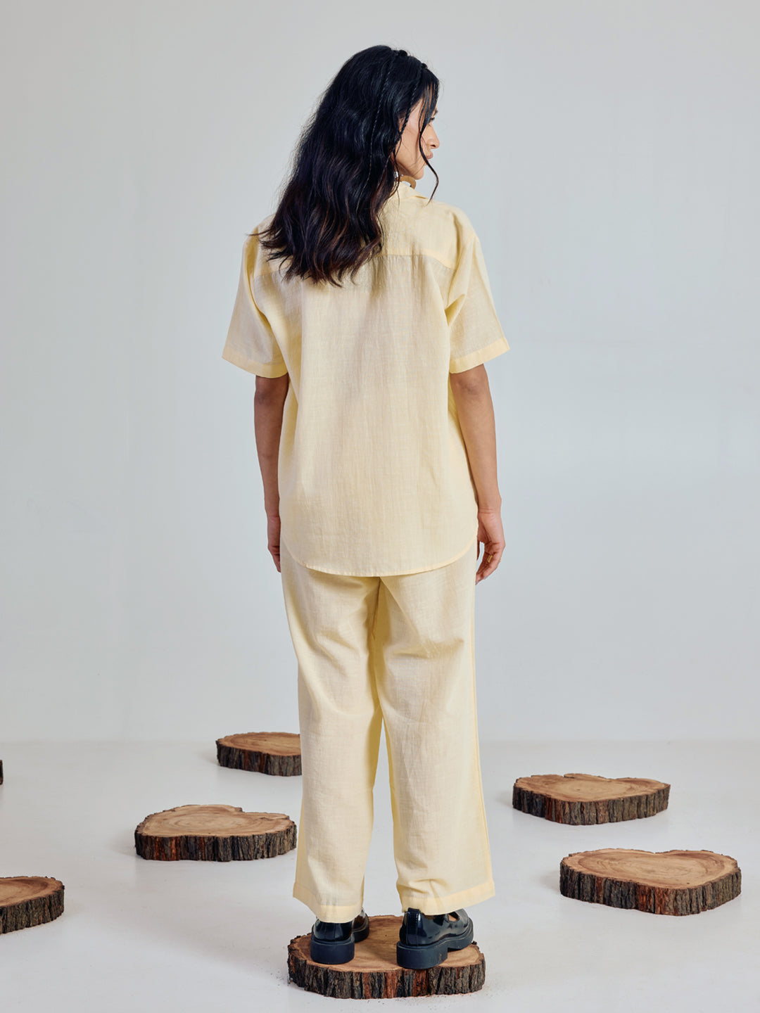 FIORRA Women’s Light Yellow Linen-Blend Loose Relaxed Fit Co-Ord Set