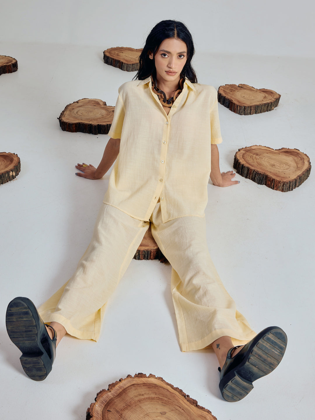 FIORRA Women’s Light Yellow Linen-Blend Loose Relaxed Fit Co-Ord Set