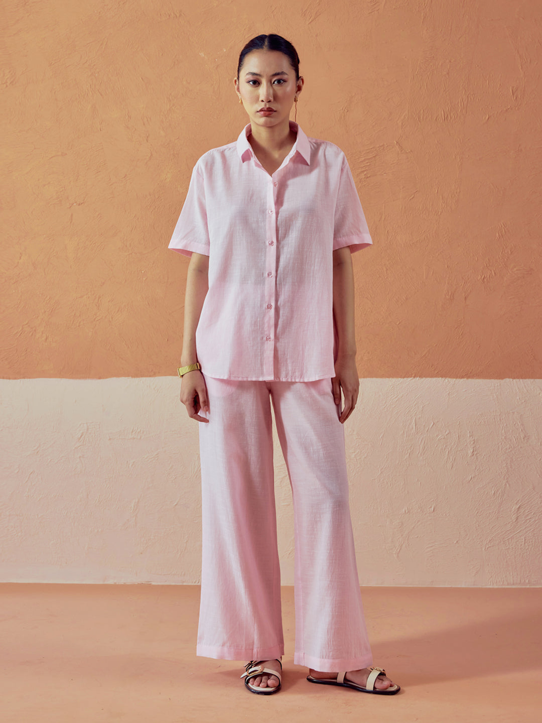 FIORRA Women’s Light Pink Linen-Blend Loose Relaxed Fit Co-Ord Set