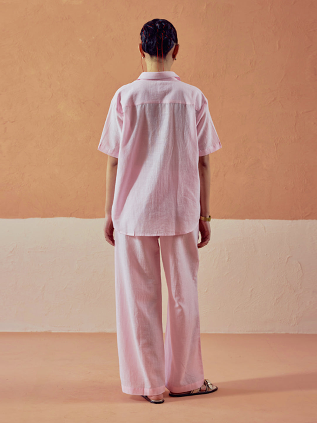 FIORRA Women’s Light Pink Linen-Blend Loose Relaxed Fit Co-Ord Set