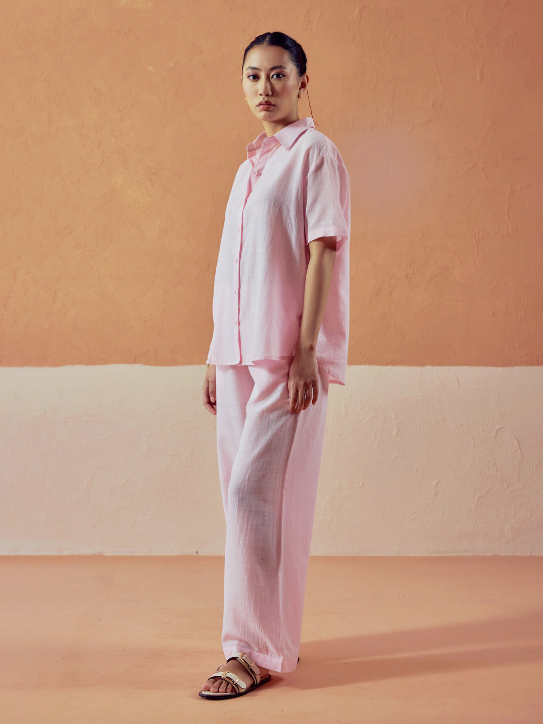 FIORRA Women’s Light Pink Linen-Blend Loose Relaxed Fit Co-Ord Set