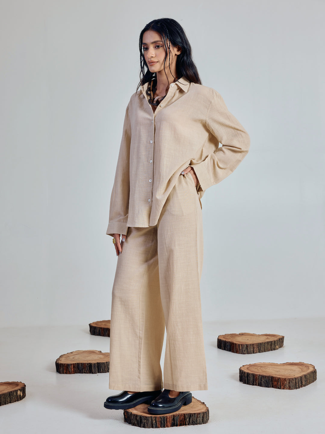 FIORRA Women’s Beige Linen Blend Co-ord Set