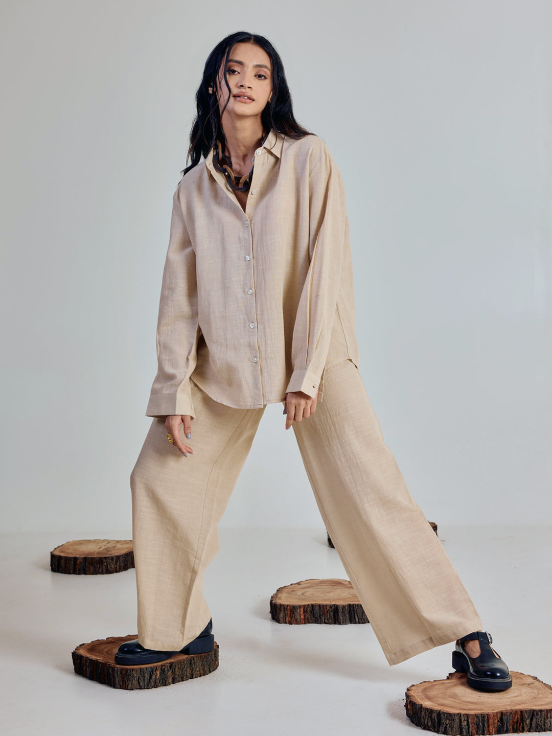 FIORRA Women’s Beige Linen Blend Co-ord Set