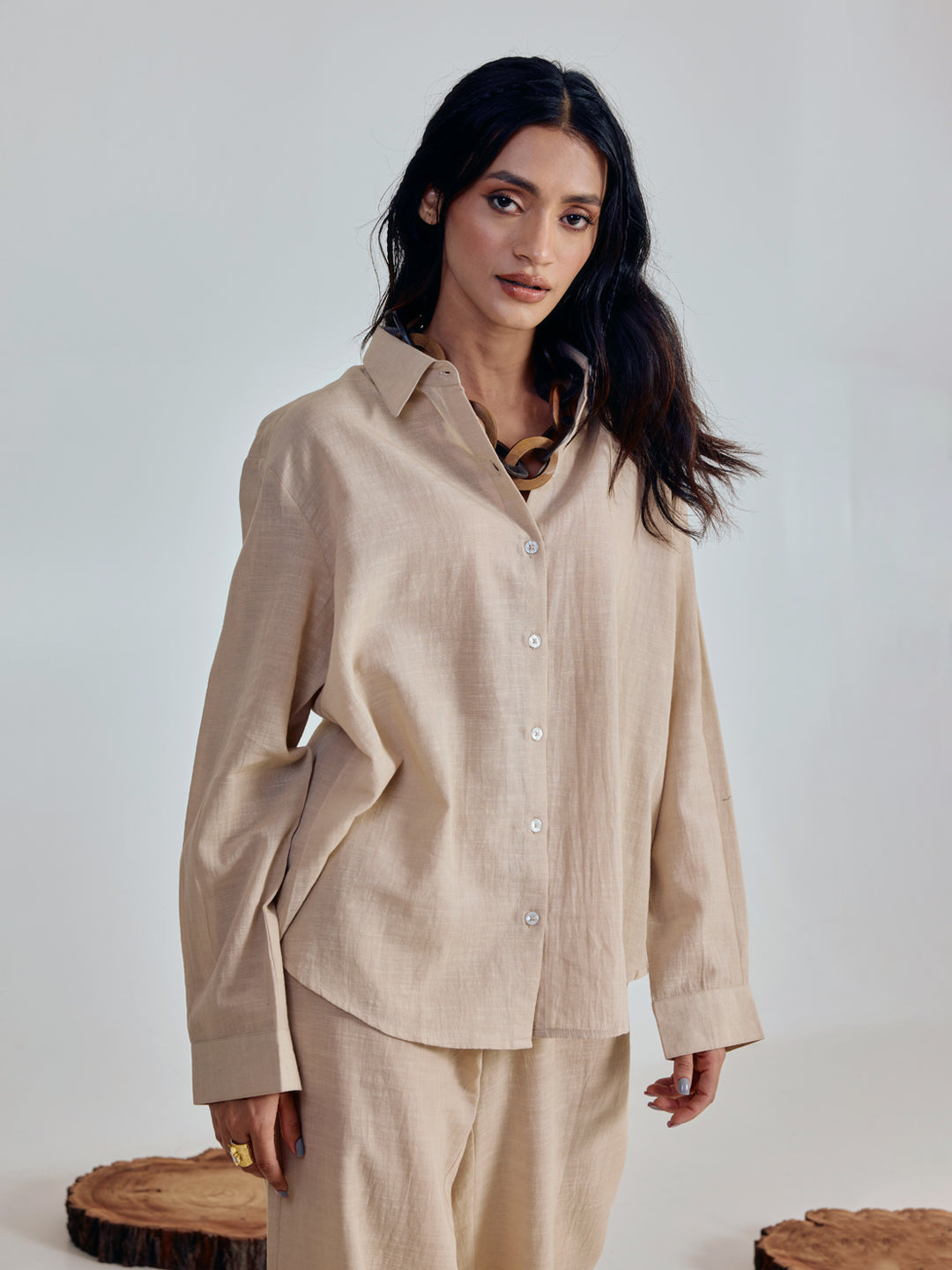 FIORRA Women’s Beige Linen Blend Co-ord Set