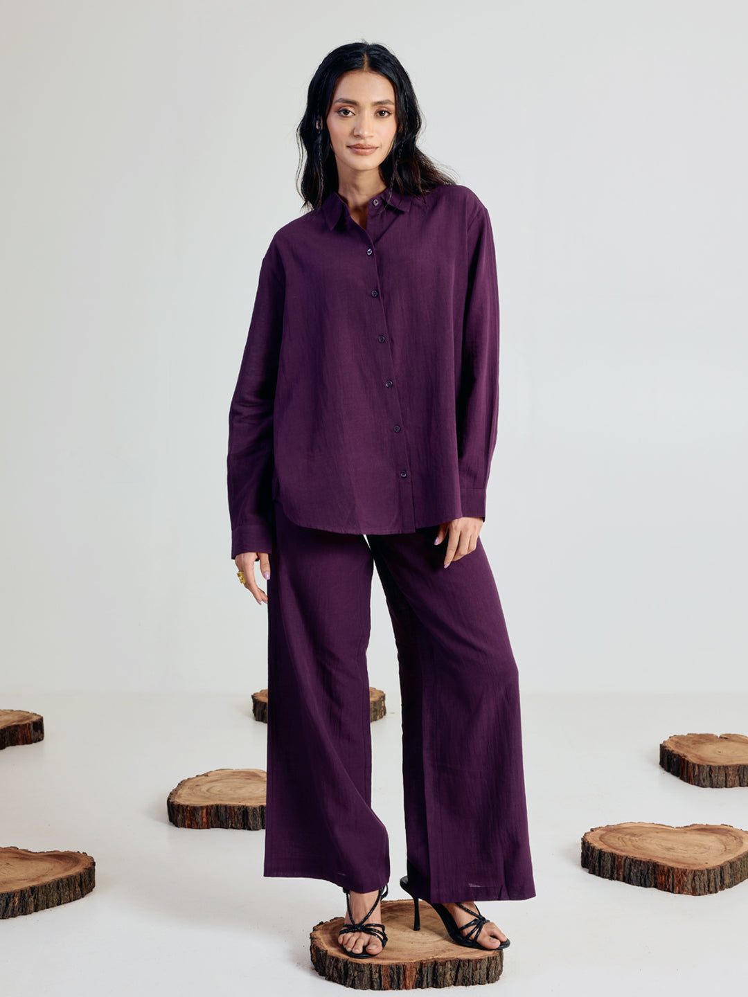 FIORRA Women’s Wine Linen Blend Co-ord Set