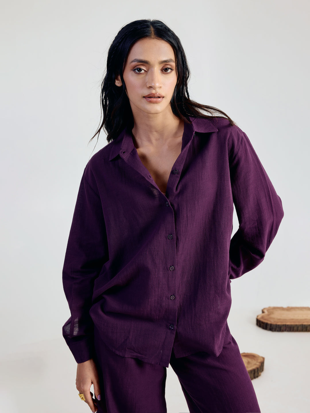 FIORRA Women’s Wine Linen Blend Co-ord Set