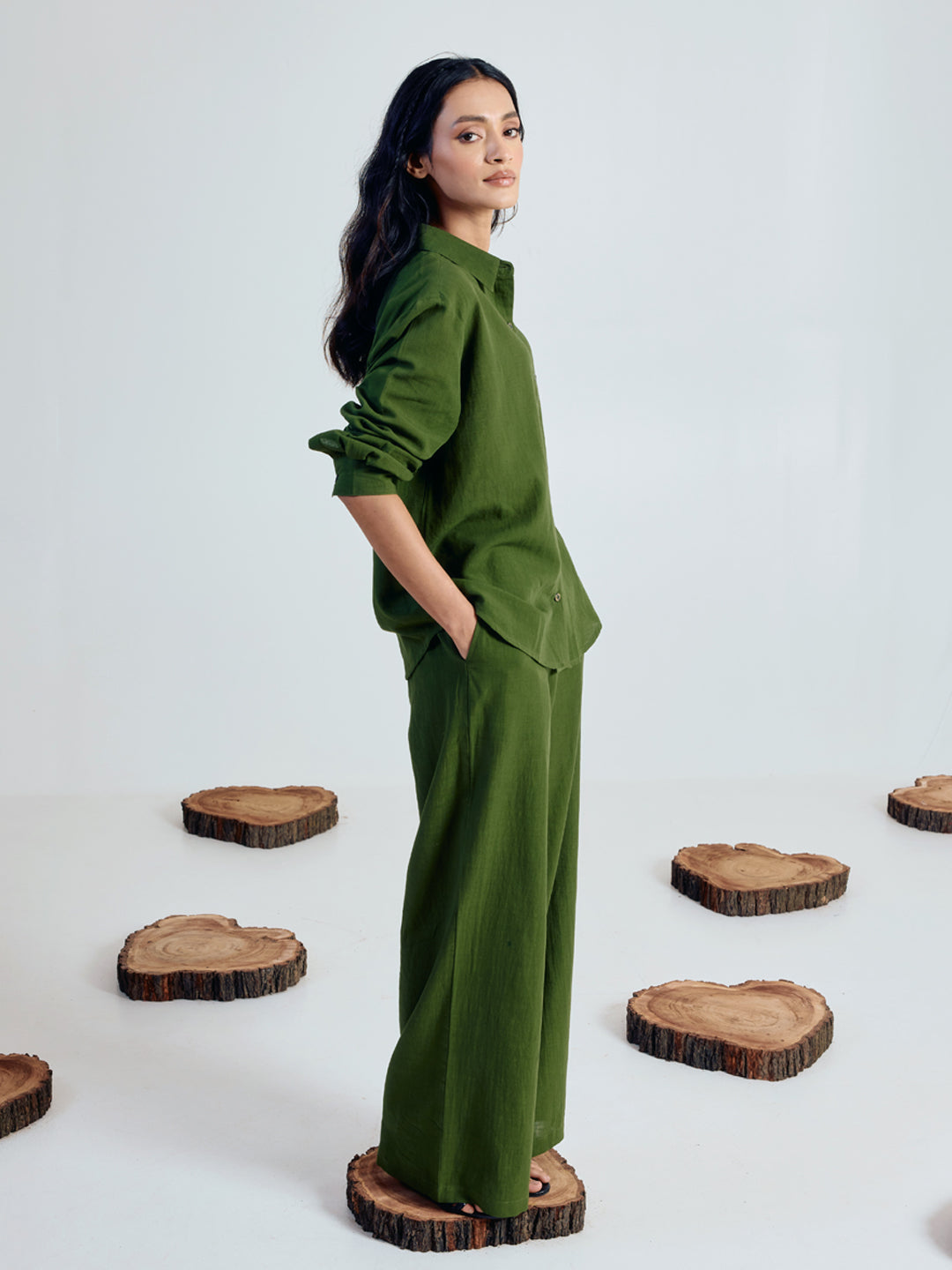 FIORRA Women’s Green Linen Blend Co-ord Set