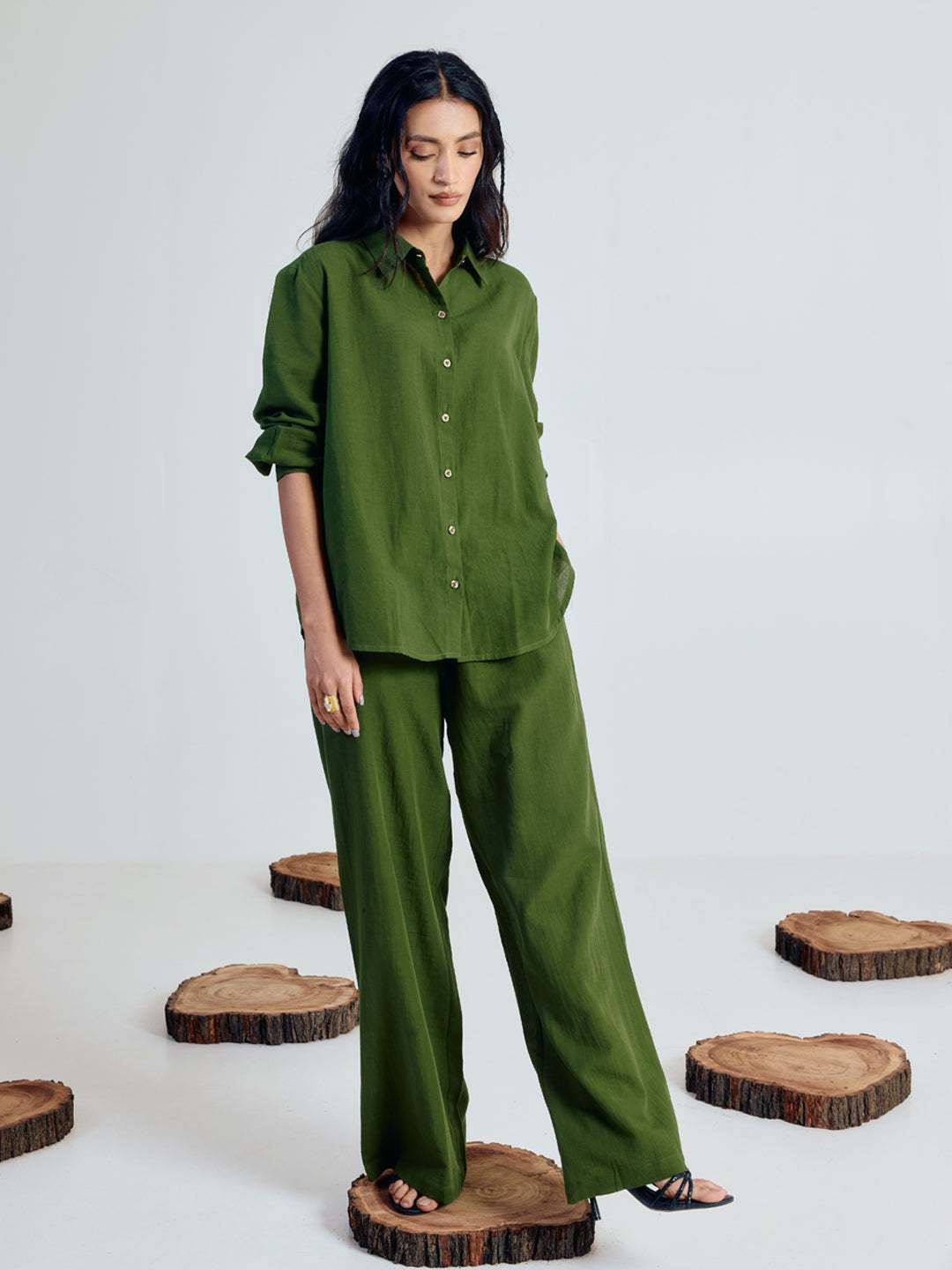 FIORRA Women’s Green Linen Blend Co-ord Set