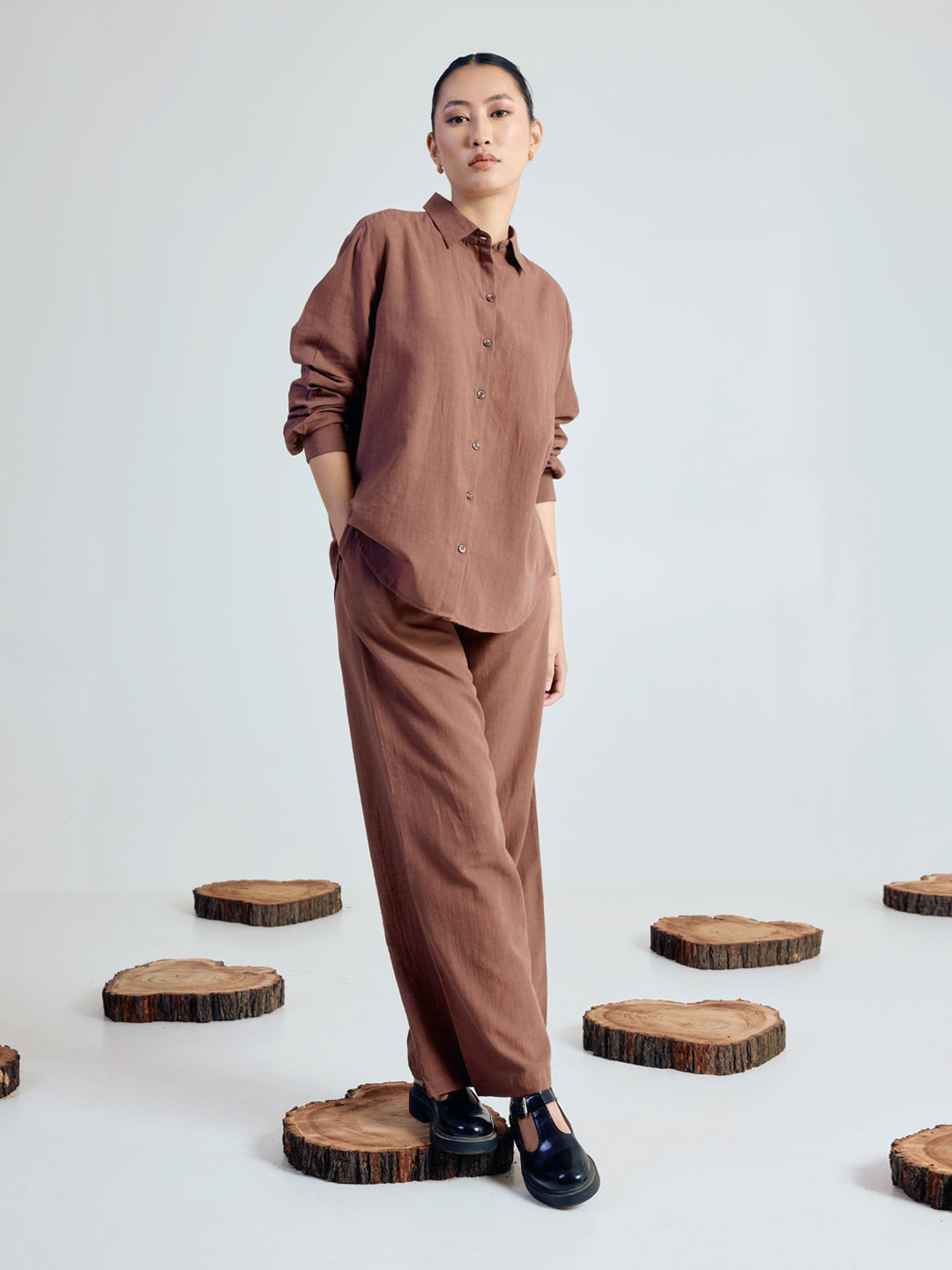 FIORRA Women’s Brown Linen Blend Co-ord Set