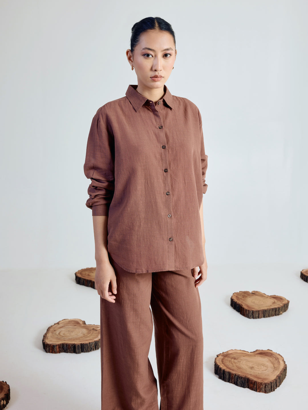 FIORRA Women’s Brown Linen Blend Co-ord Set