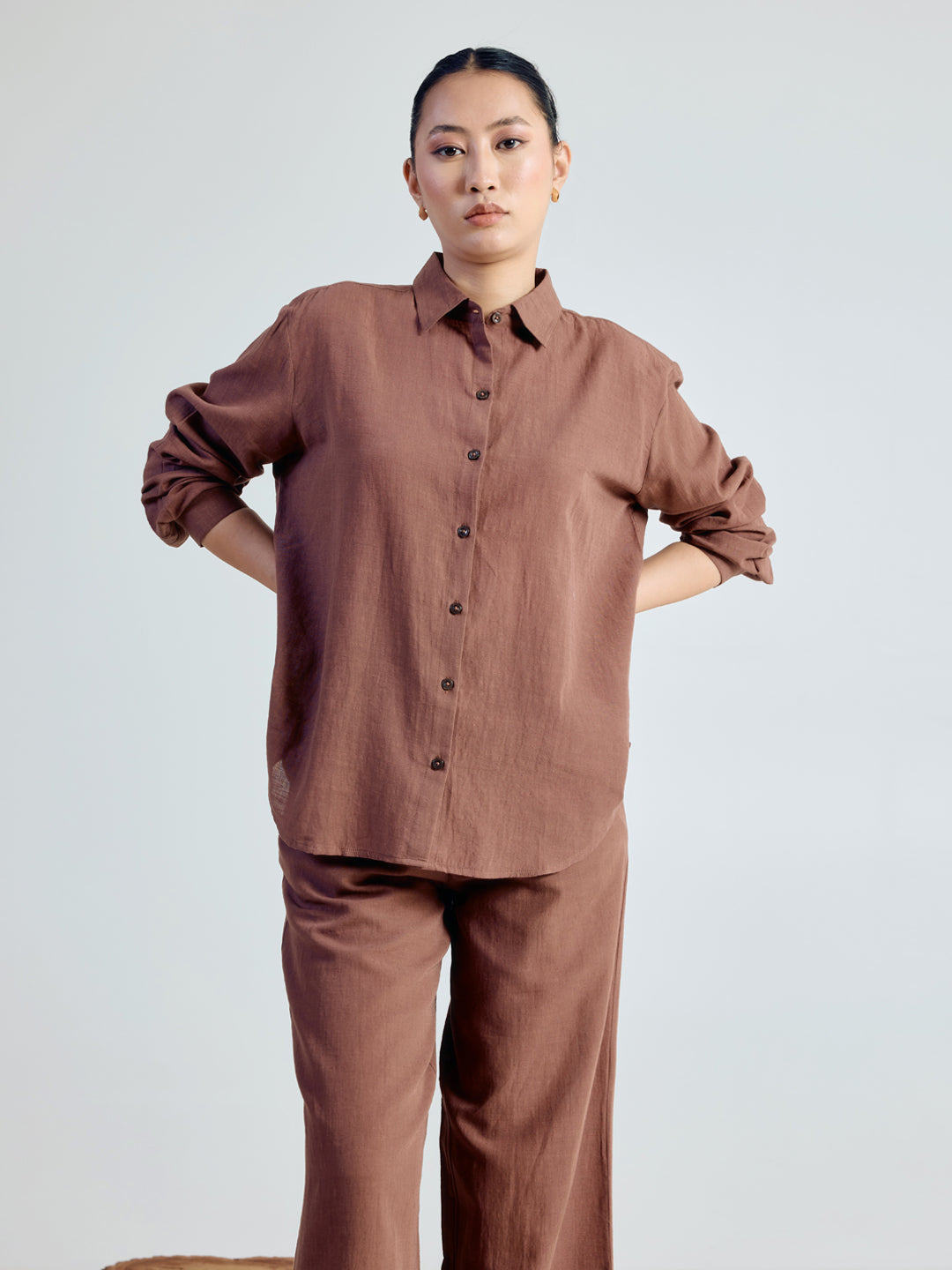 FIORRA Women’s Brown Linen Blend Co-ord Set