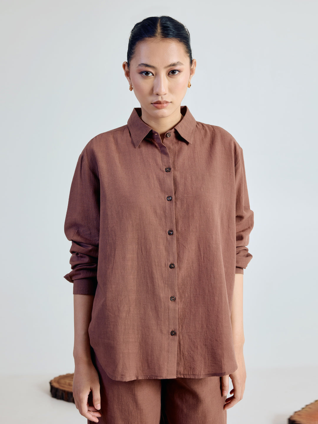 FIORRA Women’s Brown Linen Blend Co-ord Set